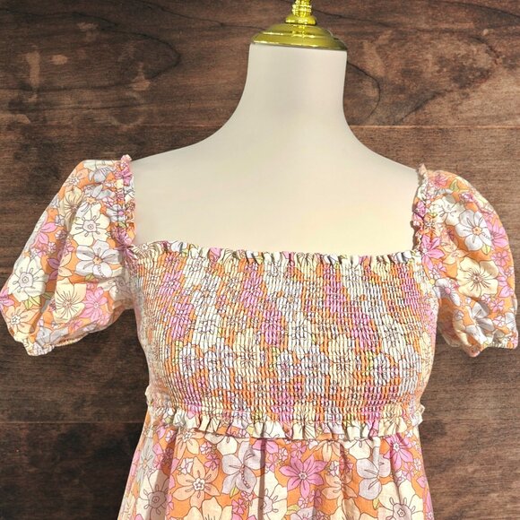 Aritzia Sunday Best Babydoll Floral Mini Dress | Pink Orange Ivory | Size S - Picture 4 of 7